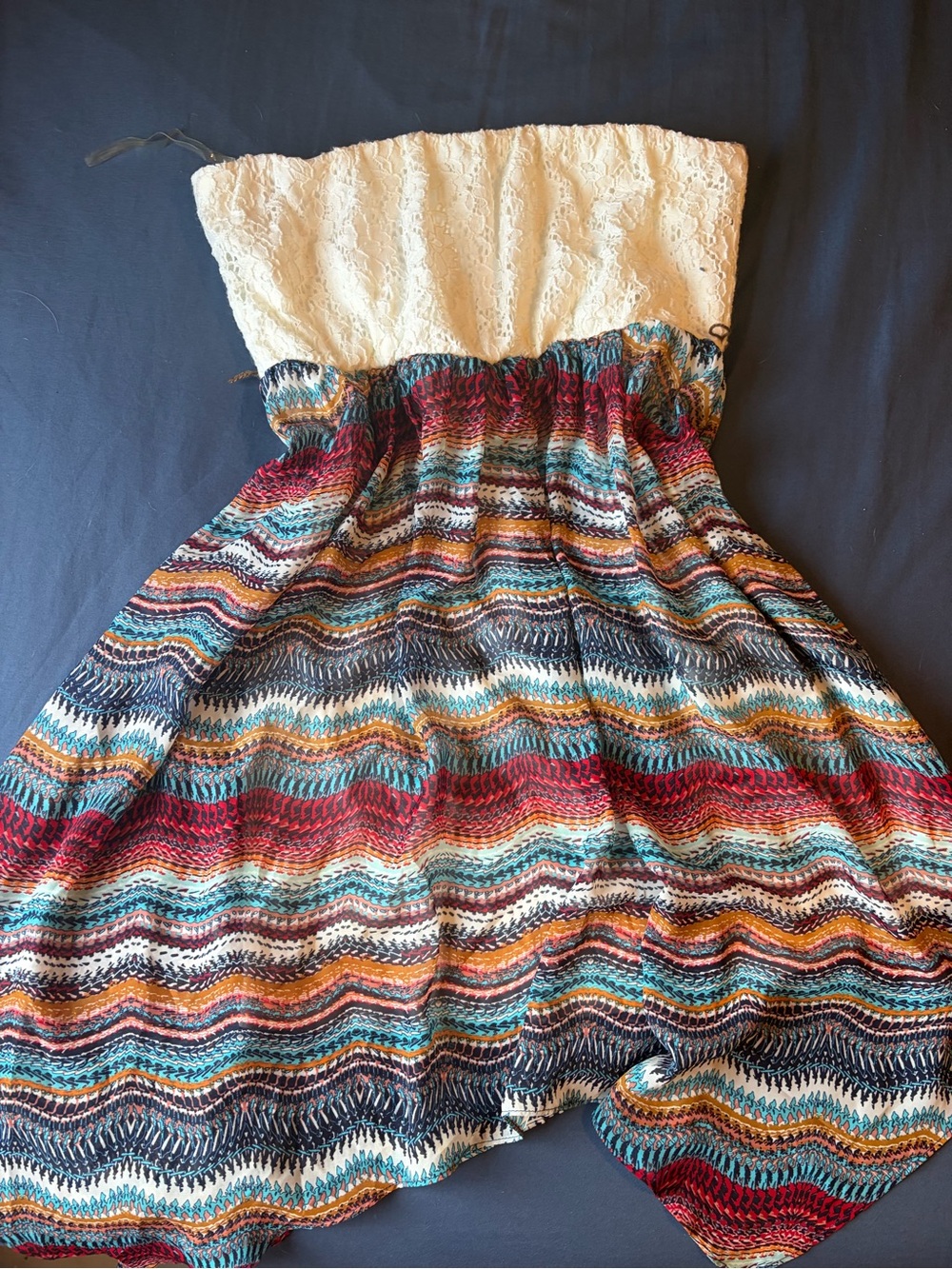 Almost Famous Strapless Dress Cream Lace Top Multicolor Chevron Skirt